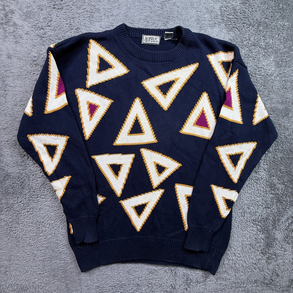 Vintage Aureus Mens Geometric Pizza Art Knit Sweater L Navy Blue Crew Neck